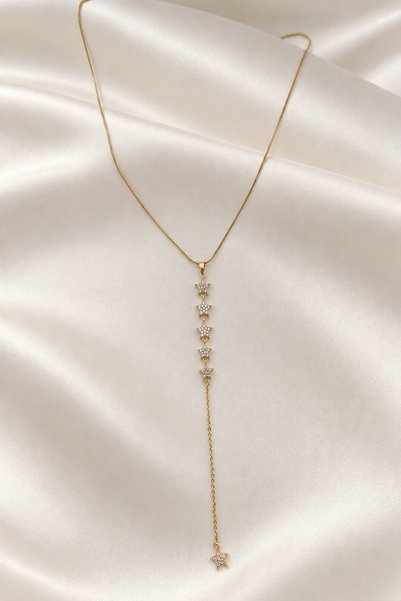 Vibalis Gold Renk Y Model Taşlı Yıldız Figürlü Sallantılı Kadın Çelik Kolye