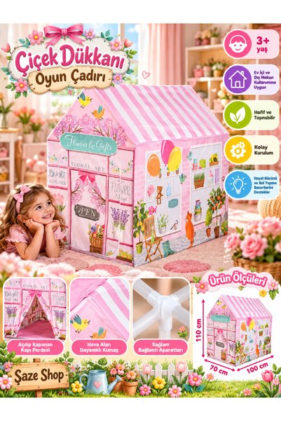 SAZE Çiçek Dükkanı Oyun Çadırı 70x100x110 cm Çocuk Oyun Evi Pembe Çiçekçi Mağ...