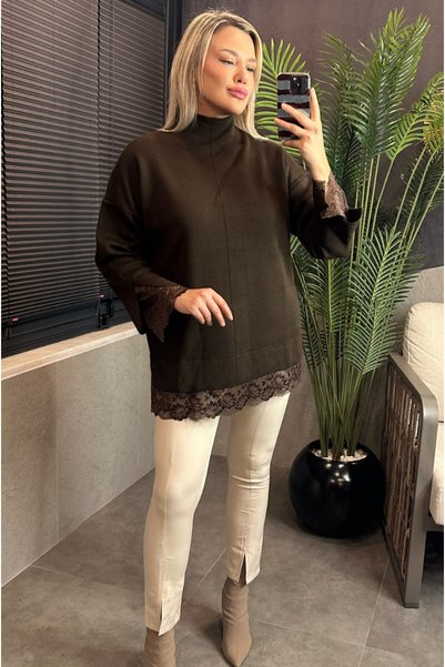 MİR STORE Kahverengi Dantel Detaylı Dik Yaka Triko Kazak
