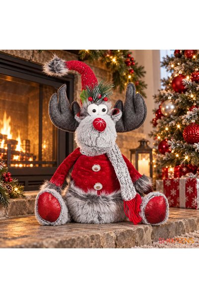 SHOPIENS Cerb Decorativ Cu Haina Rosie Si Caciula Cu Paiete 48 cm