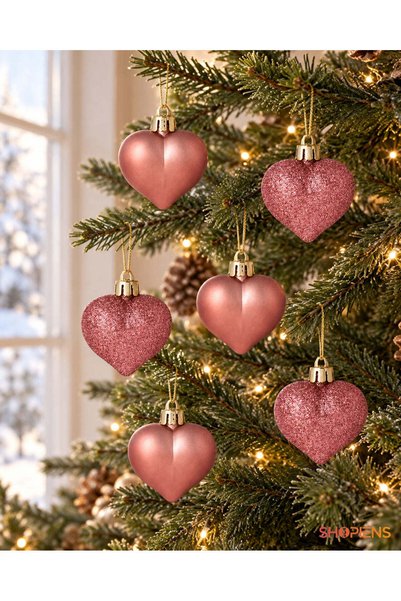 SHOPIENS Set 6 Ornamente Brad Craciun Inimi Roz-Auriu 5 cm