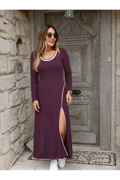 Generic Brand Women's Long Sleeve Round Neck Slit Long Viscose Two-Thread Dress