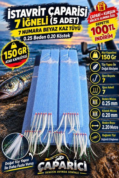 Caparici İstavrit Çaparisi 7 İğneli (5 Adet) 7 Numara Beyaz Kaz Tüyü 0.25 Bed...