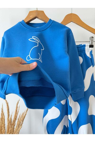 Magu Çocuk Pamuklu Tavşan Baskılı Mavi Sweatshirt ve Desenli Eşofman Altı Takımı
