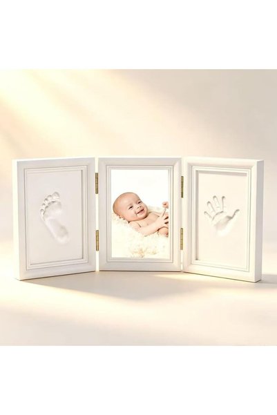 ANYUAN إطار صور ثلاثي المفصلات لحفظ بصمات يد وقدم الطفل، إطار صور خشبي لحفظ ذ...