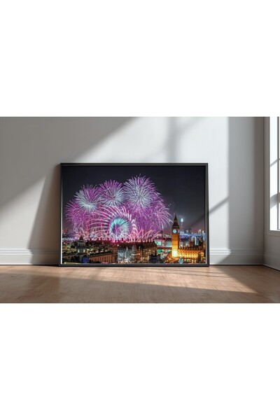 KEYFHOME New Year Fireworks Black Framed Mdf Table Poster Living Room Wall De...