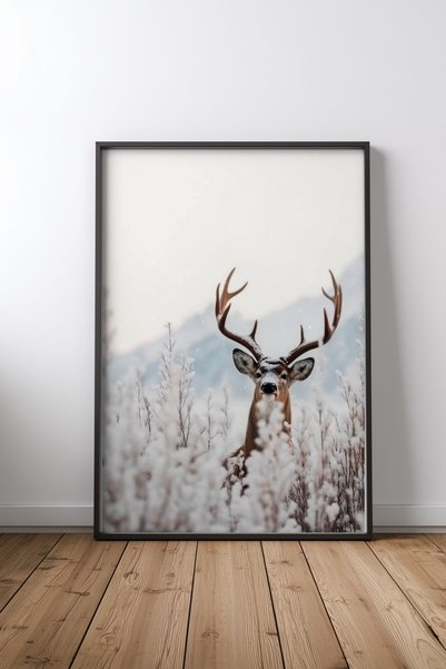 KEYFHOME Curious Deer Tablou MDF cu ramă neagră Poster Living Decor de perete...