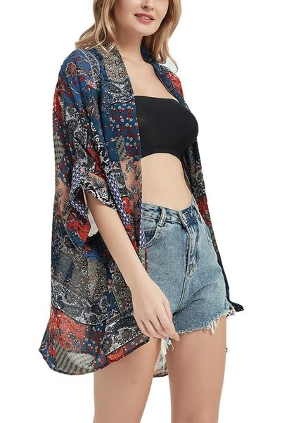 MAXFIM Women's Loose Print Sheer Chiffon Kimono Beach Swim Cover up Cardigan ...