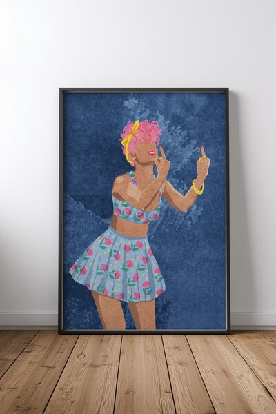 KEYFHOME Femeie rebelă cu cadru negru MDF Tablou Poster Salon Decor de perete...