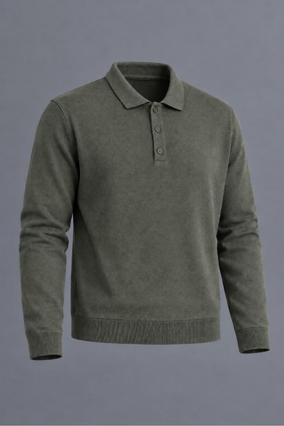DAMGA JEANS Men's Polo Collar Buttoned Casual Knitwear Smoked Sweater