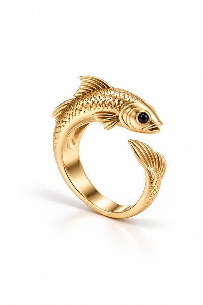 Coy Diamond 925 Ayar Gümüş Gold Hamsi Balığı Figürlü Kadın Yüzük, 3 Boyutlu Balık Tasarım, Siyah Gözlü Deniz Temalı Şık ve Zarif Yüzük