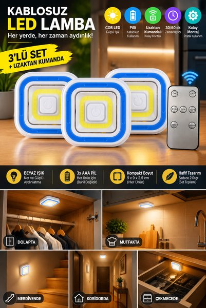 nelerbulurum 3’lü Kablosuz COB LED Lamba Seti Uzaktan Kumandalı Pilli Dokunma...