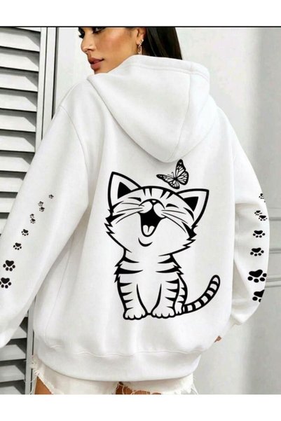 Ryam Mooda Women's Oversize 3 Thread Cat Printed Hooded Sweatshirt with Sleeve Detail