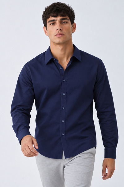 DAMGA JEANS قميص رجالي كلاسيكي ذو ياقة وأكمام طويلة وأزرار باللون الأزرق الداكن