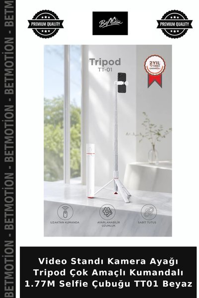Betmotion Video Standı Kamera Ayağı Tripod Çok Amaçlı Kumandalı 1.77M Selfie Çubuğu TT01 Beyaz