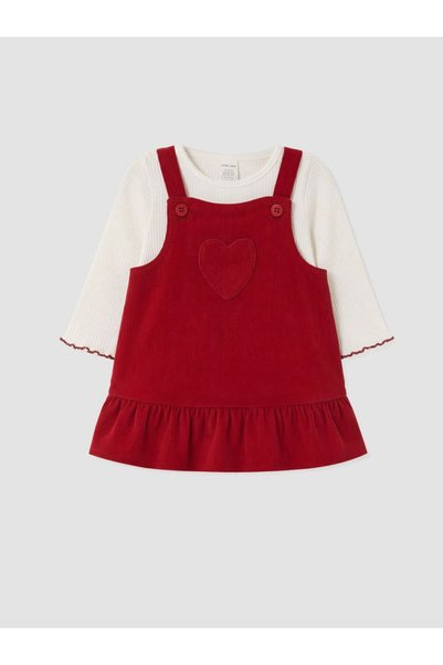 LC Waikiki LCW baby Bordo Fırfırlı Kız Bebek Kadife Elbise Ve Tişört