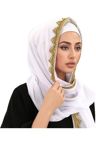 TERRIFI حجاب شيفون للنساء، 100% بوليستر أبيض مع حواف دانتيل ذهبية، 170 × 70 س...