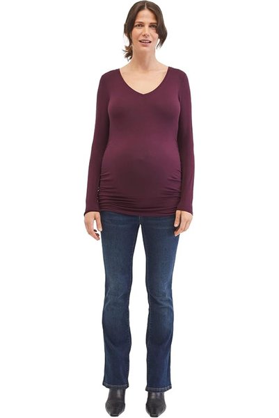 Motherhood Maternity تي شيرت نسائي بأكمام طويلة وياقة على شكل V مع تجعيدات جا...