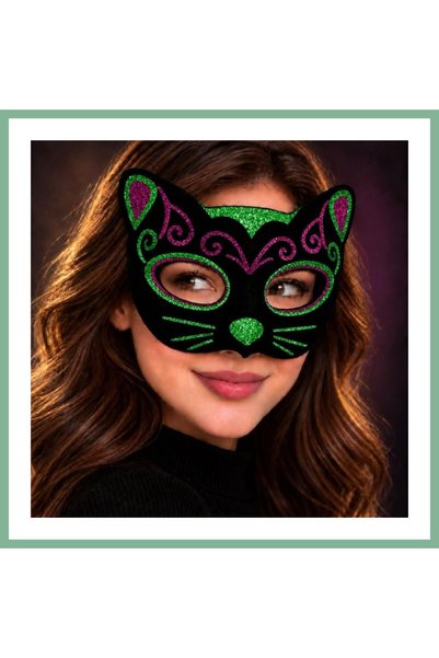 BŞK VİRGO Black Velvet Coated Cat Mask with Pink Green Glitter Embroidery 20X...