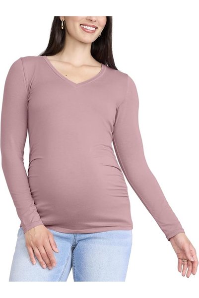 Motherhood Maternity تي شيرت نسائي بأكمام طويلة وياقة على شكل V مع تجعيدات جا...