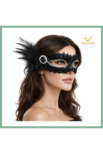 BŞK VİRGO Black Stone Venetian Party Mask – Feathered and Sequined Bsk2026