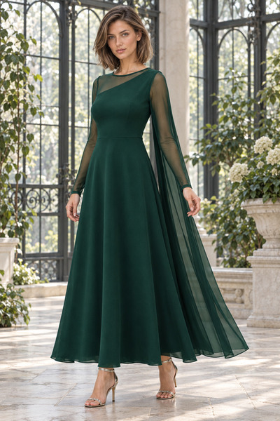 Generic Brand Timeless Elegance! Women's Tulle Detailed Asymmetrical Collar Long Sleeve A-Line Flared Evening Dress