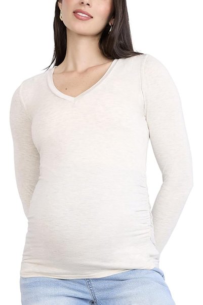 Motherhood Maternity تي شيرت نسائي بأكمام طويلة وياقة على شكل V مع تجعيدات جا...