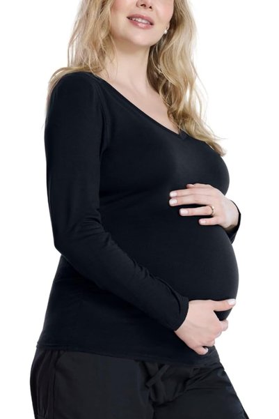 Motherhood Maternity تي شيرت نسائي بأكمام طويلة وياقة على شكل V مع تجعيدات جا...