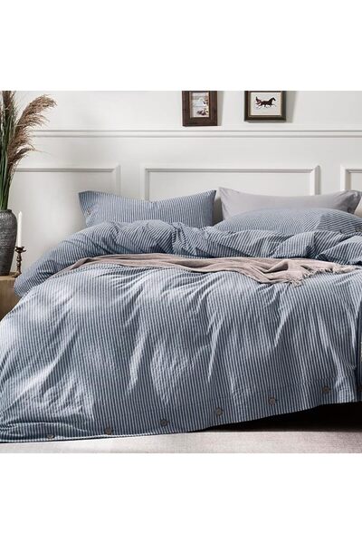 JELLYMONI Green Striped Duvet Cover Queen Size - 100% Washed Cotton Linen Lik...