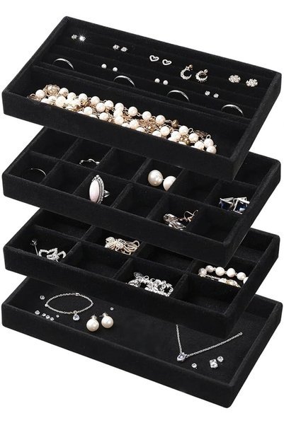 GENERAL 4 Pcs Beige Velvet Jewelry Trays, Stackable Drawer Organizer