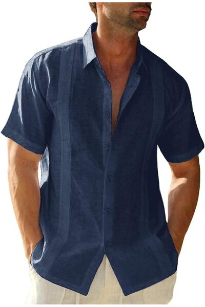 Generic Mens Short Sleeve Cuban Camp Guayabera Shirt Linen Cotton Hippie Beac...