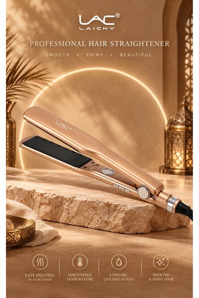 LAC Professional Wide Plate Hair Straightener, Gold Ceramic Flat Iron with Adjustable Temperature, Salon Hair Styling Tool for Silky Smooth Hair