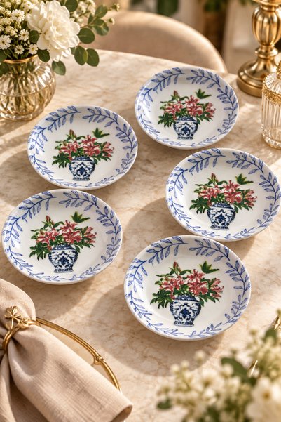 grandora 6-Piece Vase and Flower Patterned Jam Bowl and Snack Bowl Set - 13 cm - Presentation Bowl, Breakfast Bowl, Jam Bowl, Serving Bowl - Breakfast Presentation Bowl