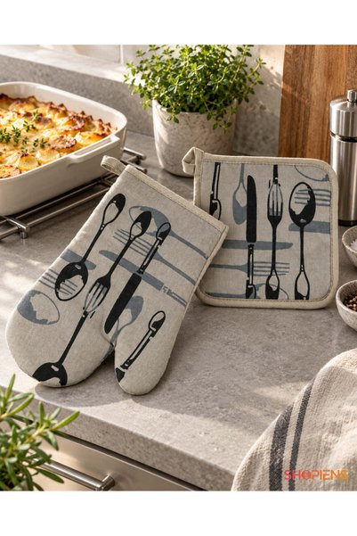 SHOPIENS Manusa Si Servet Taupe Cu Model Tacamuri Shopiens®