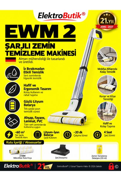 laptopfırsatı EWM 2 Şarjlı Dikey Zemin Temizleme Makinesi Akülü Kablosuz Islak Paspas Sert Zemin Silme Süpürgesi Beyaz