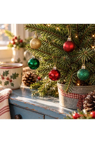 SHOPIENS Set 20 Mini Globuri Festive Rosii Verzi Si Aurii 3 cm Shopiens®