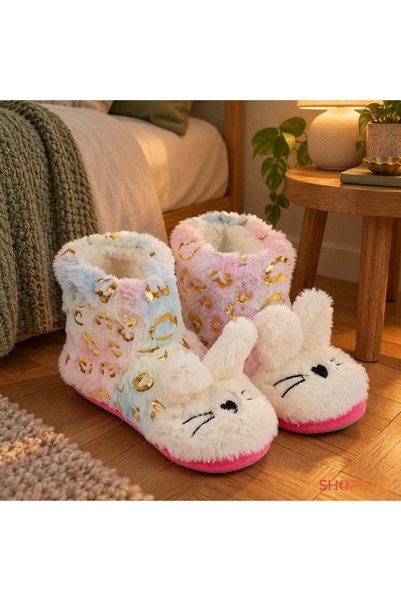 SHOPIENS Papuci De Casa Copii Botosei Pufosi Cu Iepuras Si Detalii Aurii Mari...