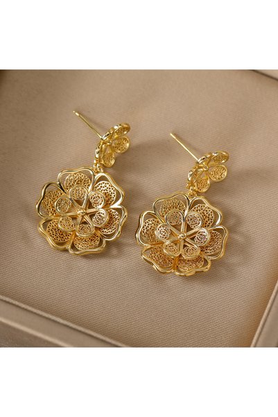 Choice Gold-color Retro Luxury Filigree Flower Drop Earrings Copper Material ...