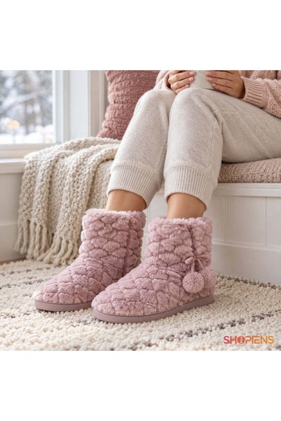 SHOPIENS Papuci De Casa Dama Botosi Roz Cu Romburi Si Pompoane Marime 38-39