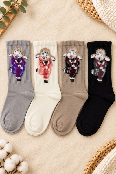 tibo 4 Pairs of Women's Seamless Fuzzy Sheep Pattern Socks