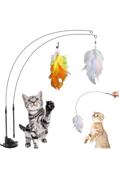 HASTHIP Cat Feather Teasing Wand, Dual-Wire Flexible Suction Cup Floor Play