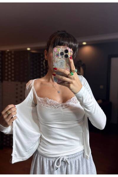 moda gk Dantel Detaylı DüğmeliTasarım Birleşik Bluz/Hırka