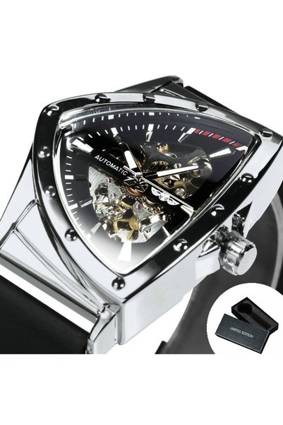 Choice BOX SILVER BLACK WINNER Sports Triangle Skeleton Automatic Men Watch L...
