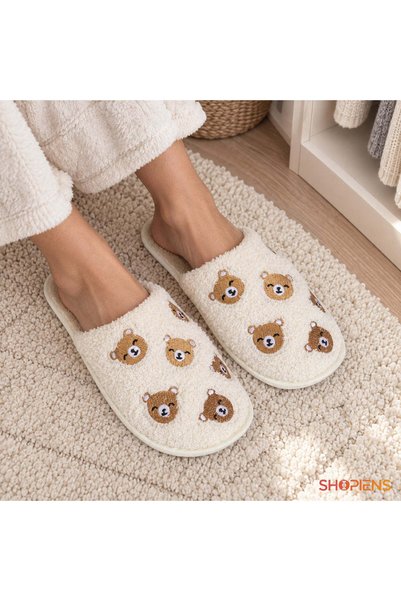 SHOPIENS Papuci De Casa Dama Ecru Boucle Cu Ursuleti Marime 39-40