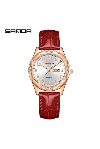 Choice red SANDA2026 New Korean Vintage Leather Double Calendar Quartz Watch ...