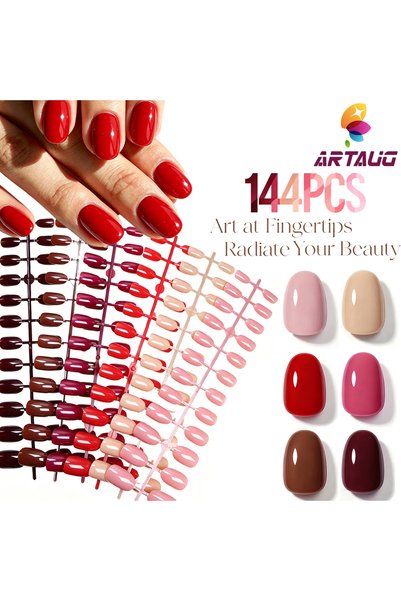 Choice Red 144PCS Short Oval Press On Nails Solid Color Pre Colored Soft Gel ...