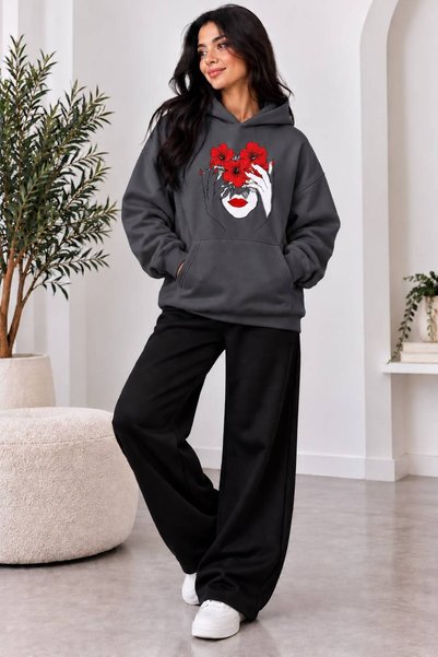 caddekombin Women's Red Floral Illustration Printed Hooded Oversize Sweatshir...