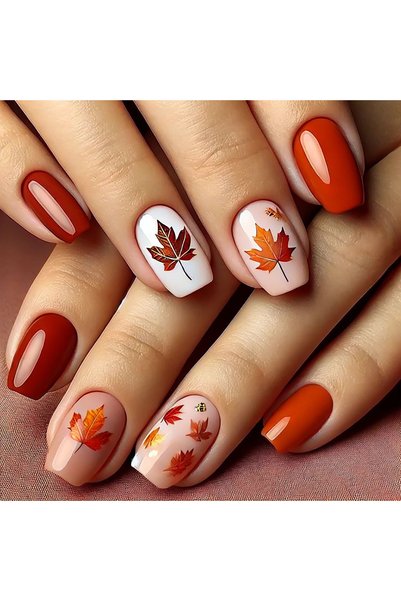 Choice XY-911 A Complete Set of 24 Short Square Fake Nails Featuring an Autum...