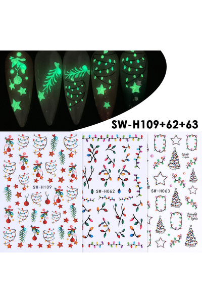 Choice SW-H109 62 63 3pcs Luminous Xmas 3D Nail Art Sticker Night Glow Christ...