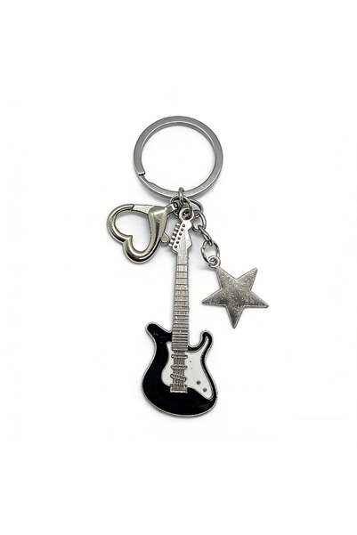 Choice Black Matching Electric Guitar Keychain Set, Black White Star Heart Ch...